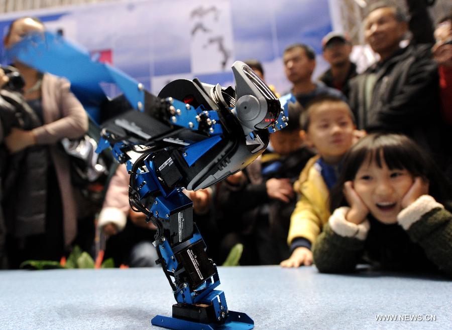 Visitors view a dancing robot during a robot show held in Qingdao University, Qingdao, east China's Shandong Province, Nov. 25, 2012. The robot show, the first kind of this exhibition in Shandong, showcased the latest achievement of robot-related technology, involving over 100 exhibits from home and abroad. (Xinhua/Li Ziheng) 