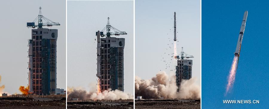 Combination photo taken on Nov. 25, 2012 shows a Long March-4C carrier rocket carrying the Yaogan XVI remote-sensing satellite blasting off from the launch pad at Jiuquan Satellite Launch Center in Jiuquan, northwest China's Gansu Province. (Xinhua/Liu Chan) 