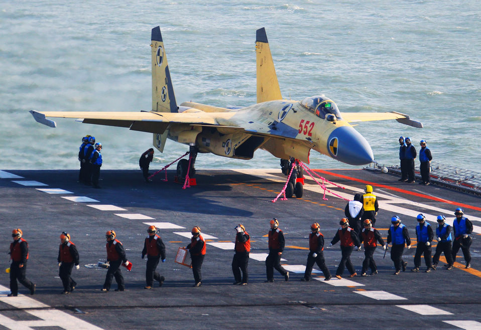 A J-15 fighter jet on China's first aircraft carrier, the Liaoning.(Xinhua/Cha Chunming)