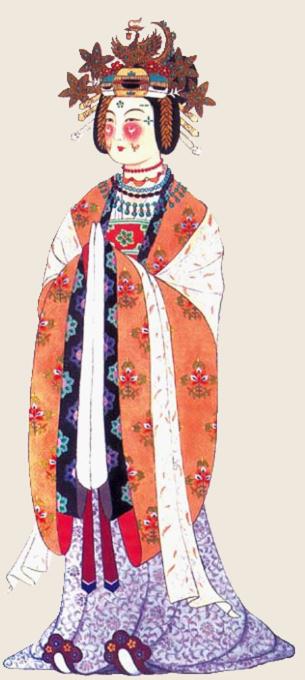 A queen of the Five Dynasties Period wearing a long robe with wide sleeves and a phoenix crown. (Painted by Gao Chunming, selected from Lady Garments and Adornments of Chinese Past Dynasties written by Zhou Xun and Gao Chunming)