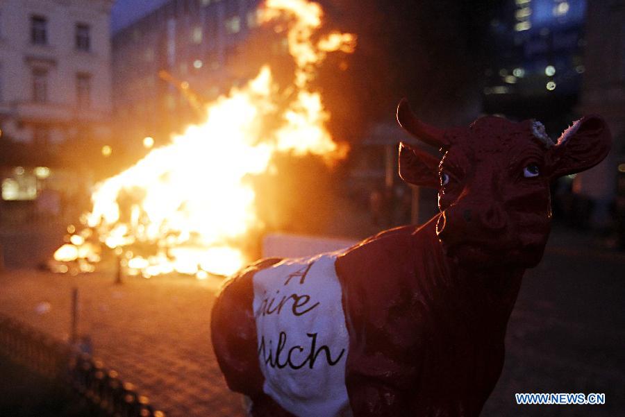 A fake cow is seen beside the fire set up by dairy farmers during a protest against EU agricultural policies at the Place du Luxembourg, outside the European Parliament in Brussels, capital of Belgium, on Nov. 26, 2012. Dairy farmers from all over Europe demonstrated today with about 1,000 tractors at the European Parliament in Brussels to protest against falling milk prices caused by overproduction in the continent. (Xinhua/Zhou Lei) 