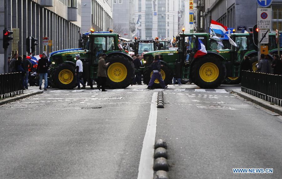 Dairy farmers block the roads during a protest against EU agricultural policies at the Place du Luxembourg, outside the European Parliament in Brussels, capital of Belgium, on Nov. 26, 2012. Dairy farmers from all over Europe demonstrated today with about 1,000 tractors at the European Parliament in Brussels to protest against falling milk prices caused by overproduction in the continent. (Xinhua/Zhou Lei) 