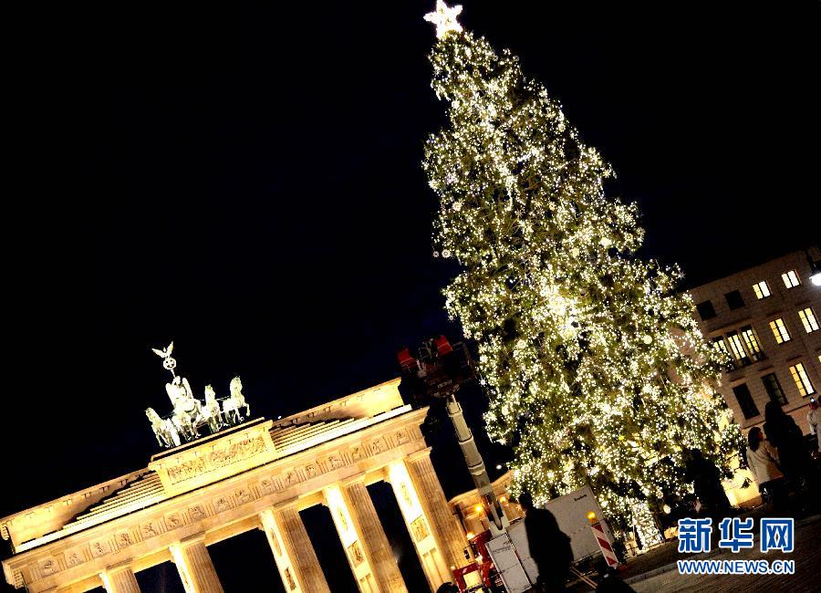 A big Christmas tree is planted in front of Brandenburg Gate, Berlin, on Nov. 27, 2012. (Xinhua/Pan Xu)