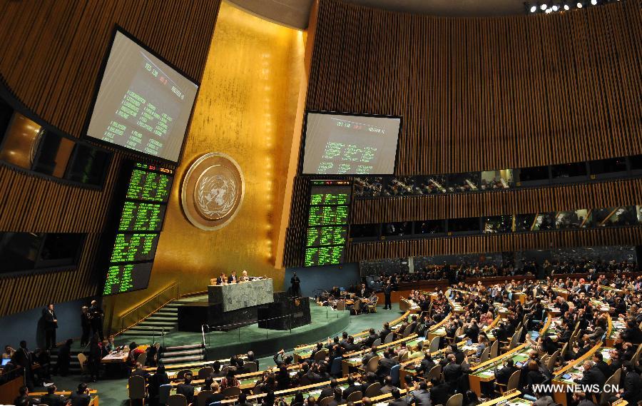 The results of the vote are displayed on the electronic boards during the UN General Assembly (UNGA) meeting at the UN headquarters in New York, the United States, on Nov. 29, 2012. The UNGA on Thursday voted overwhelmingly to grant an upgrade of the Palestinians status at the United Nations from "entity" to "non- member state," which would amount to the world body's implicit and symbolic recognition of the Palestinian statehood. (Xinhua/Shen Hong)