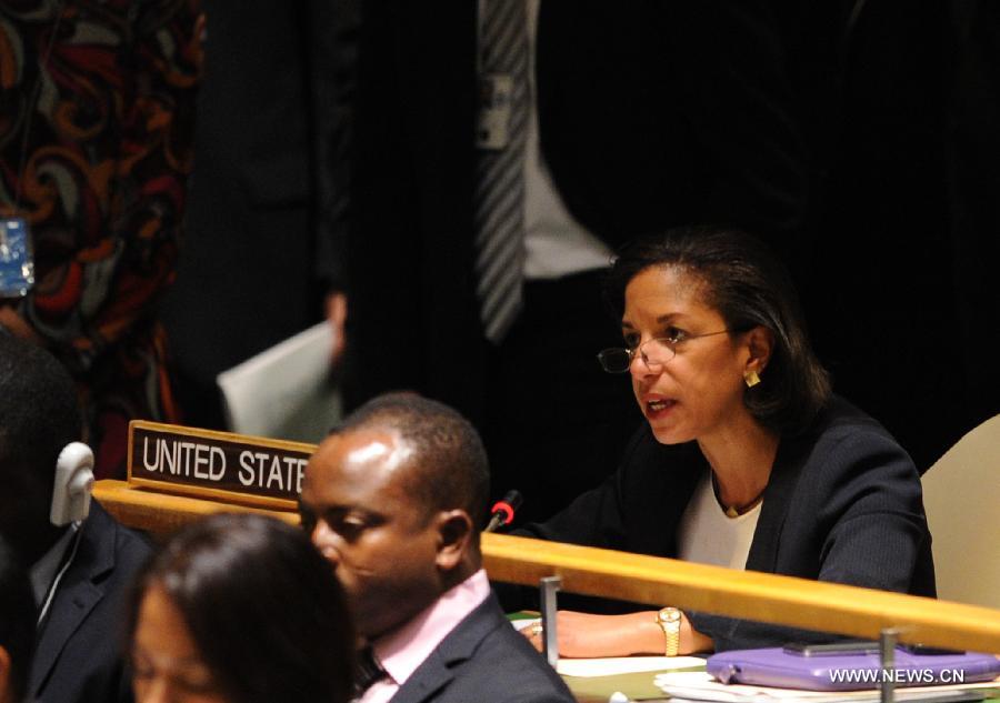 Susan Rice, the American ambassador to the United Nations, speaks at the UN General Assembly (UNGA) meeting at the UN headquarters in New York, the United States, on Nov. 29, 2012. The UNGA on Thursday voted overwhelmingly to grant an upgrade of the Palestinians status at the United Nations from "entity" to "non-member state". Canada, Israel and the United States voted against the draft resolution. (Xinhua/Shen Hong)
