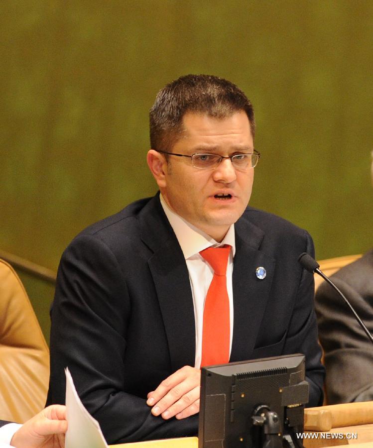 Vuk Jeremic, president of the 67th session of the General Assembly (UNGA), speaks at the UNGA meeting at the UN headquarters in New York, the United States, on Nov. 29, 2012. The UNGA on Thursday voted overwhelmingly to grant an upgrade of the Palestinians status at the United Nations from "entity" to "non-member state". (Xinhua/Shen Hong)