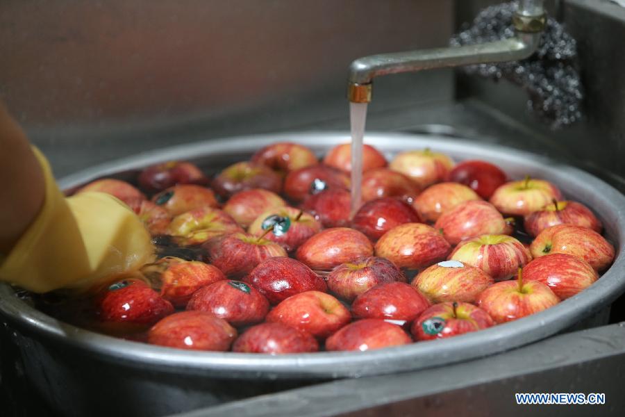 A worker washes fruits at the dining hall of Dajia Elementary School in Taipei, southeast China's Taiwan, Nov. 29, 2012. Food metarials are purchased through bidding in order to make sure of the nutrition, low price and taste of lunch for students. (Xinhua/Xing Guangli) 