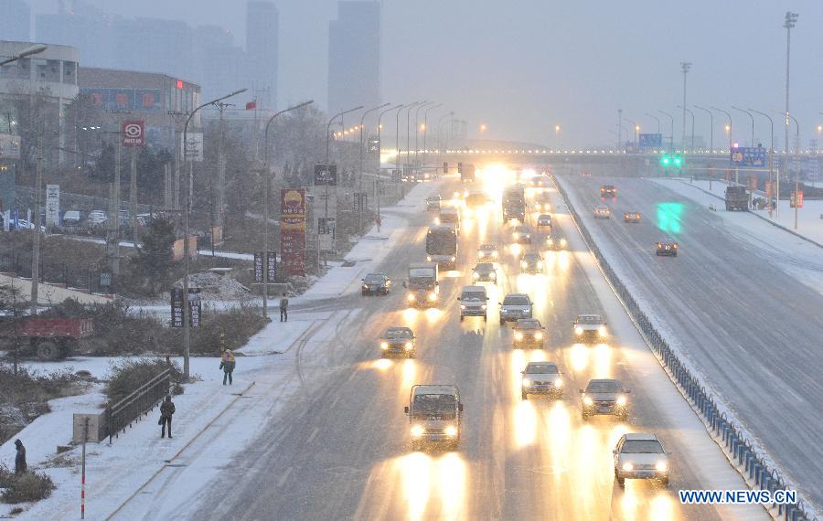 Photo taken on Nov. 30, 2012 shows the snowy scenery on Huabei Road in Dalian City, northeast China's Liaoning Province. A snowfall hit Dalian City on Friday. (Xinhua/Liu Debin)  