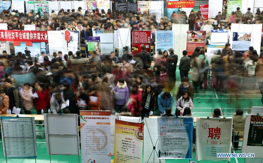 Swarm of students attend a job fair in Tianjin Normal University in north China's Tianjin Municipality, Dec. 2, 2012. Tianjin Normal University held a job fair for its fresh graduates in 2013 on Sunday, which attracted over 200 enterprises. (Xinhua/Liu Dongyue)