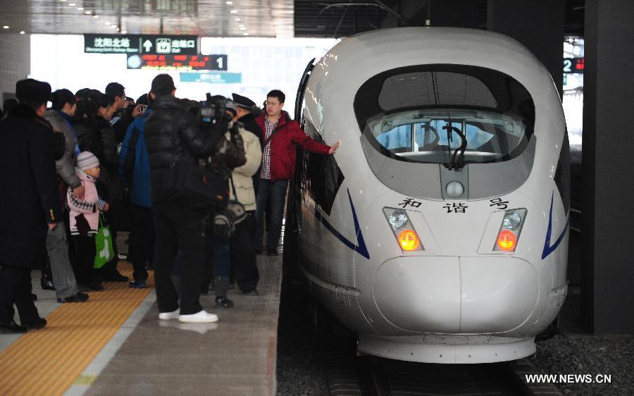 Passengers prepare to board D5008 high-speed train at the Shenyang North Railway Station in Shenyang, capital of Liaoning, Dec. 1, 2012.  (Xinhua/Pan Yulong)