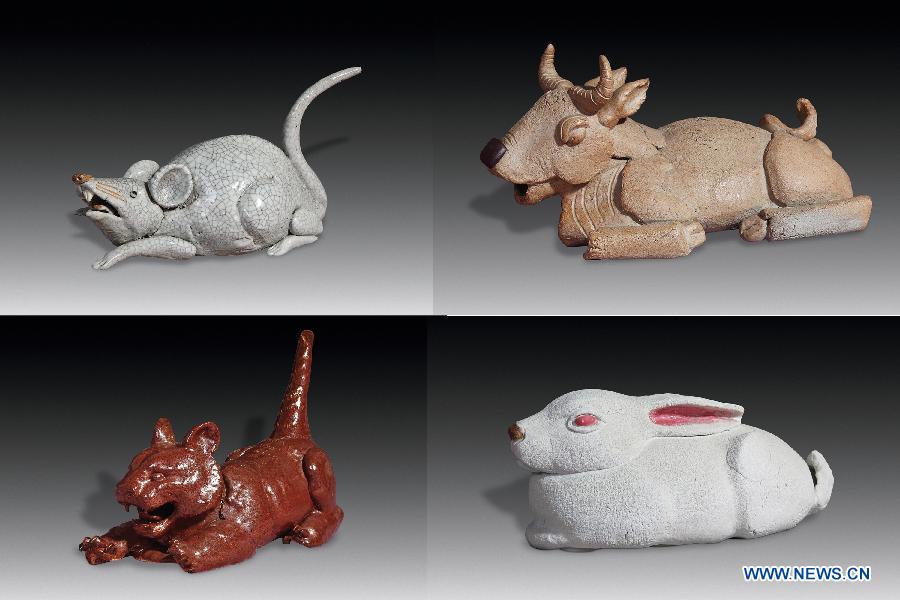 Combination photo taken on Oct. 25, 2012 shows ceramic sculptures of the first four Chinese zodiac animals, i.e. (clockwise) the rat, the ox, the tiger and the rabbit, created by renowned sculptor Zhou Guozhen, in Jingdezhen, east China's Jiangxi Province. (Xinhua)