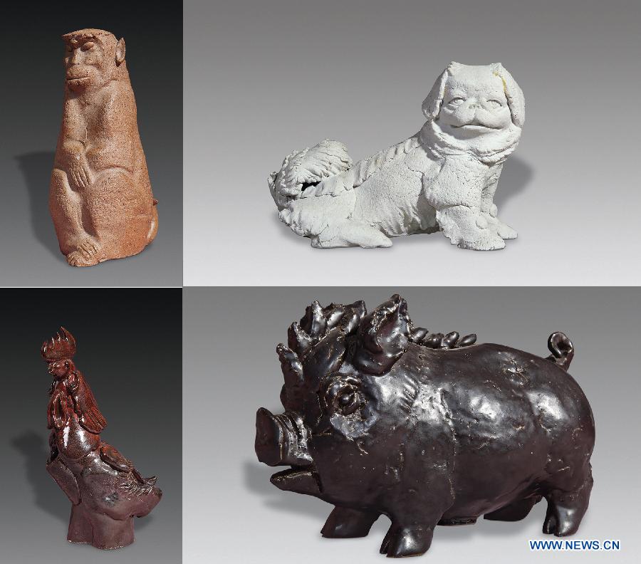 Combination photo taken on Oct. 25, 2012 shows ceramic sculptures of the last four Chinese zodiac animals, i.e. the monkey (upper L), the rooster (lower L), the dog (upper R) and the pig (lower R), created by renowned sculptor Zhou Guozhen, in Jingdezhen, east China's Jiangxi Province. (Xinhua)