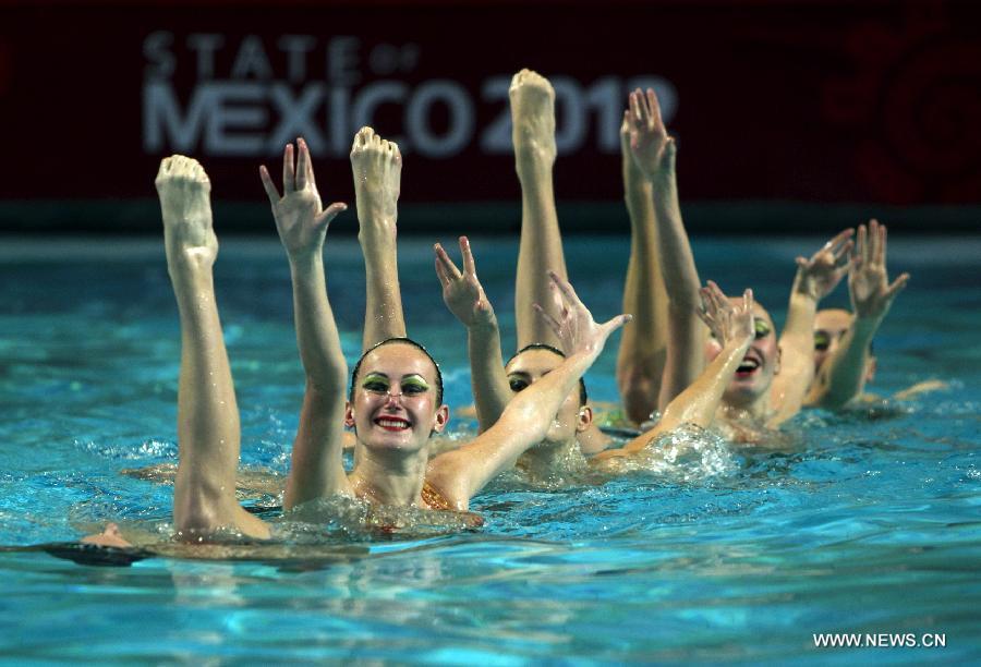 Ukranian players compete in the presentation of routines combined mode combos during the 7th FINA Synchronised Swimming World Trophy 2012 in Mexico City, capital of Mexico, Dec. 2, 2012. (Xinhua/Bao Feifei)