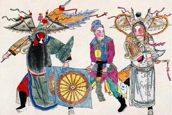 "Ruan Kao" is a suit of light armor used in Chinese operas. The military official shown in this New Year picture wears a scale-armor and a feather commander-in-chief helmet and inserts four flags. (Produced in Yangliuqing, Tianjin, collected by Wang Shucun)