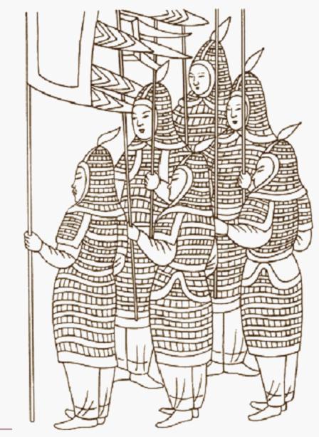 Tang Dynasty soldiers wearing armors. (Painted according to Tang Dynasty frescoes in Dunhuang, selected from Research on Ancient Chinese Clothes and Adornments written by Shen Congwen)
