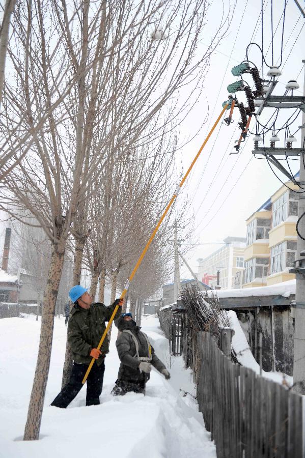 Electrical workers repair power facility in the snow in Dongfanghong Town, northeast China's Heilongjiang Province, Dec. 4, 2012. The blizzard cut the power supply in many areas in Dongfanghong, disturbing the daily use of electricity for residents and enterprises. (Xinhua/Wang Kai) 