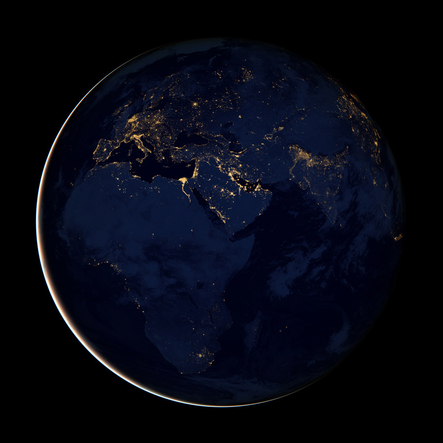 A NASA Earth Observatory handout released Dec 5, 2012 of a composite image of Europe, Africa, and the Middle East at night, assembled from data acquired by the Suomi NPP satellite in April and October 2012.(Photo/NASA)