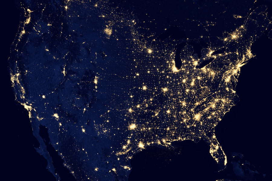 A NASA handout image of the continental United States at night shows a composite assembled from data acquired by the Suomi NPP satellite in April and October 2012 and released Dec 5, 2012. (Photo/NASA)