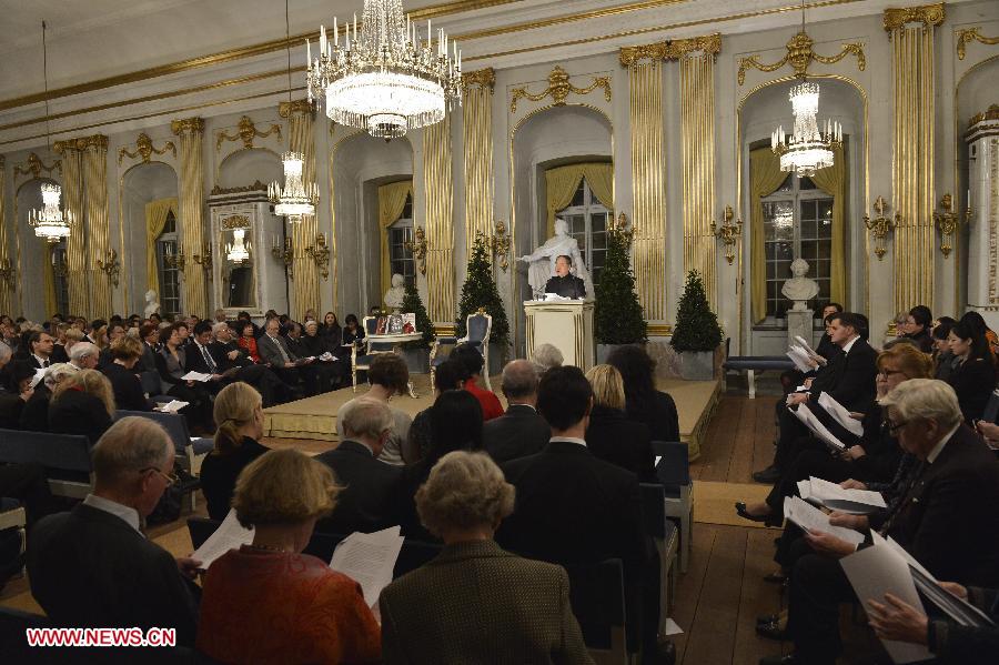 Chinese writer and 2012 Nobel Literature Prize winner Mo Yan has a lecture at Swedish Academy in Stockholm, capital of Sweden on Dec. 7, 2012. (Xinhua/Scanpix)