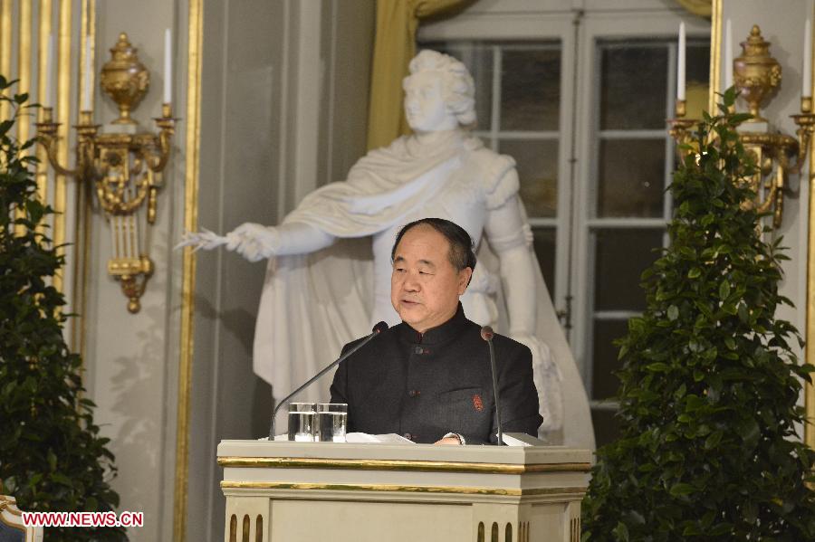 Chinese writer and 2012 Nobel Literature Prize winner Mo Yan has a lecture at Swedish Academy in Stockholm, capital of Sweden on Dec. 7, 2012. (Xinhua/Scanpix)