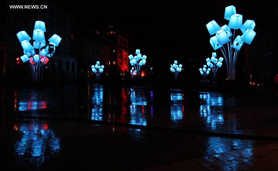 A light installation is seen at the media preview for the annual Lyon Light Festival in Lyon, France, Dec. 5, 2012. The light festival runs from Dec. 6 to 9. (Xinhua/Gao Jing) 