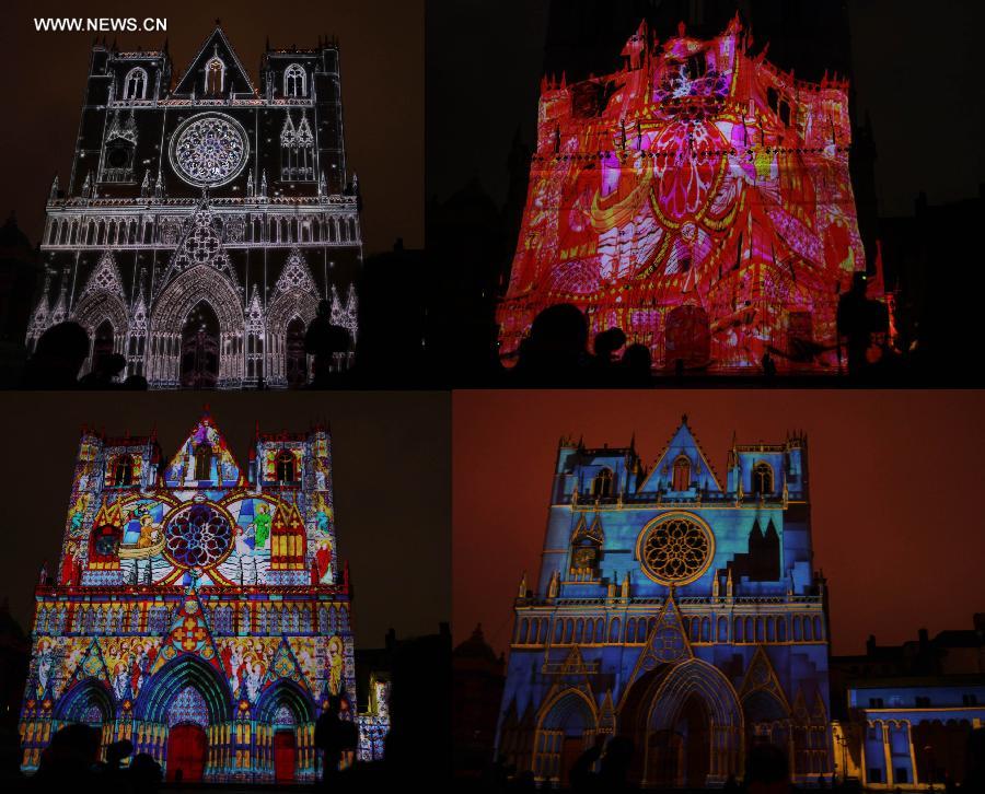 Combo photo shows a light show at the media preview for the annual Lyon Light Festival in Lyon, France, Dec. 5, 2012. The event will run from Dec. 6 to 9. (Xinhua/Gao Jing) 