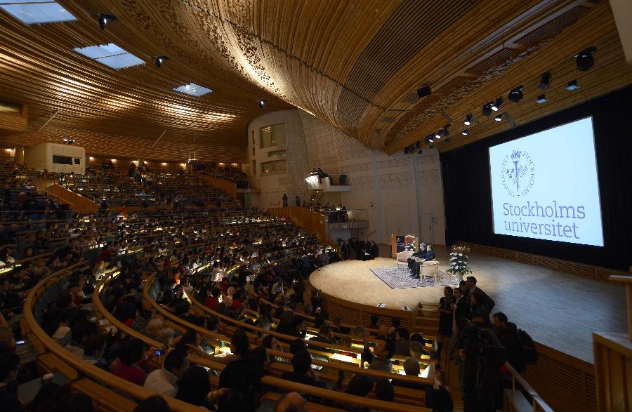 Chinese writer and winner of the 2012 Nobel Prize for Literature Mo Yan speaks at Stockholm University in Stockholm, capital of Sweden on Dec. 9, 2012. (Xinhua/Wu Wei)