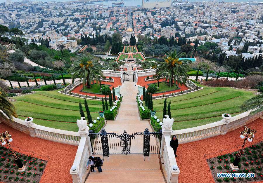 The file photo shows the Baha'i Gardens in Haifa, north Israel. The Baha'i Gardens in Haifa comprise a staircase of nineteen terraces extending all the way up the northern slope of Mount Carmel. The geometry of the complex is built around the axis connecting it with the City of Akko. At its heart stands the golden-domed Shrine of the Bab, which is the resting place of the Prophet-Herald of the Baha'i Faith. (Xinhua/Yin Dongxun) 