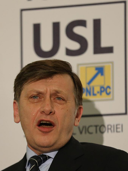 Crin Antonescu, co-president of the Social Liberal Union, speaks during a press conference in Bucharest, capital of Romania, Dec 9, 2012. The ruling Social Liberal Union is poised to have won an overwhelming victory in Romania's quadrennial parliamentary elections, as some 57 percent of the over 18 million voters supposed to cast their ballots for the ruling coalition, according to the exit polls results released soon after voting. (Xinhua/Gabriel Petrescu)