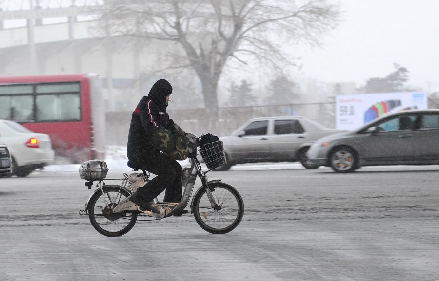 A citizen rides a bicycle amid snow in Changchun, capital of northeast China's Jilin Province, Dec. 9, 2012. Most part of the province received a snowfall on Sunday. (Xinhua/Zhang Nan) 