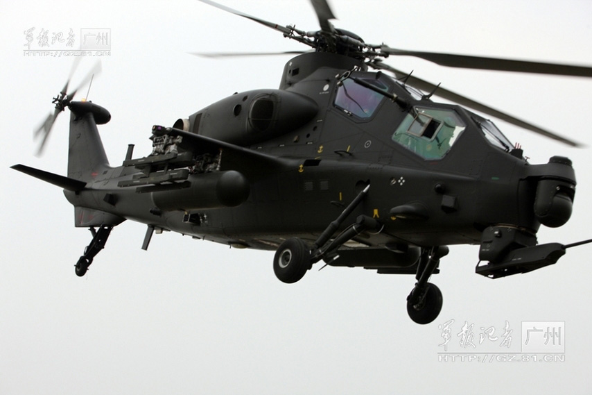 China's independently-developed WZ-10 armed helicopter of an army aviation brigade of the Guangzhou Military Area Command (MAC) of the Chinese People's Liberation Army (PLA) is in training. (China Military Online/Li Sanhong)