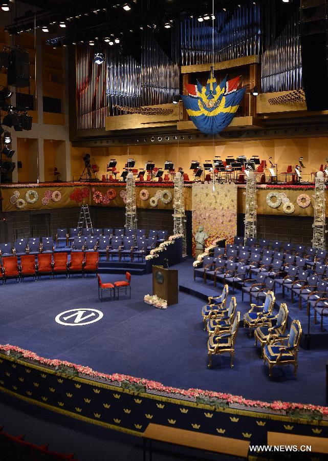 Preparations are made for 2012 Nobel award ceremony at Concert Hall in Stockholm, capital of Sweden on Dec. 10, 2012. (Xinhua/Wu Wei) 