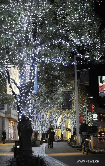 People walk on a street decorated by Christmas lights in Roppongi of Tokyo, capital of Japan, Dec. 10, 2012. (Xinhua/Kenichiro Seki)  