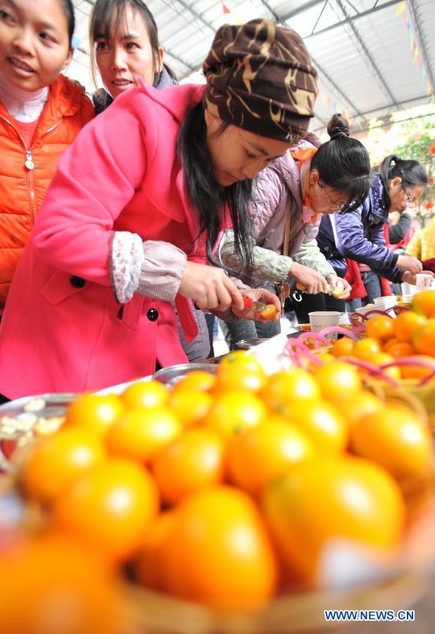 A judge checks the quality of cumquat during a contest for cumquat in Dajiang Town of Rong'an County, Liuzhou City, south China's Guangxi Zhuang Autonomous Region, Dec. 10, 2012. Cumquat planting has become a major income source for local farmers in Rong'an. (Xinhua/Lu Boan)