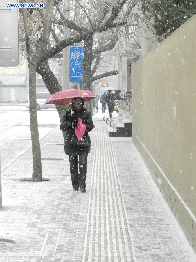 A pedestrian walks in snow in Beijing, capital of China, Dec. 12, 2012. A snow hit China's capital city on Wednesday. (Xinhua/Wang Zhen) 