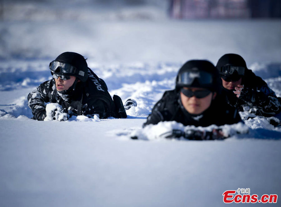 Altogether 288 special police take part in a military skills competition in a training base in Xinjiang Uygur Autonomous Region, Dec. 10, 2012. The policemen are from Xinjiang's 15 subordinate prefectures and cities. (Photo/ chinanews.com)