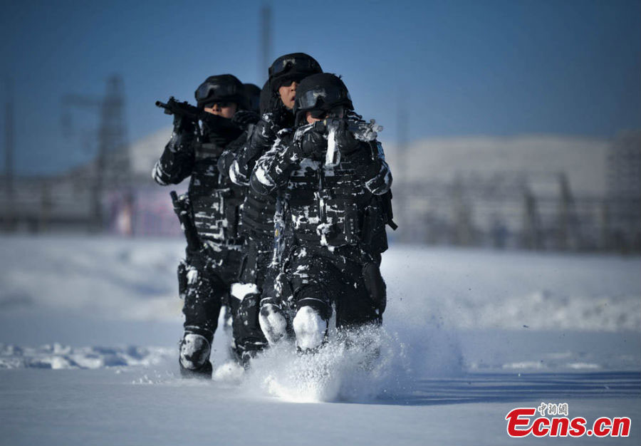 Altogether 288 special police take part in a military skills competition in a training base in Xinjiang Uygur Autonomous Region, Dec. 10, 2012. The policemen are from Xinjiang's 15 subordinate prefectures and cities. (Photo/ chinanews.com)