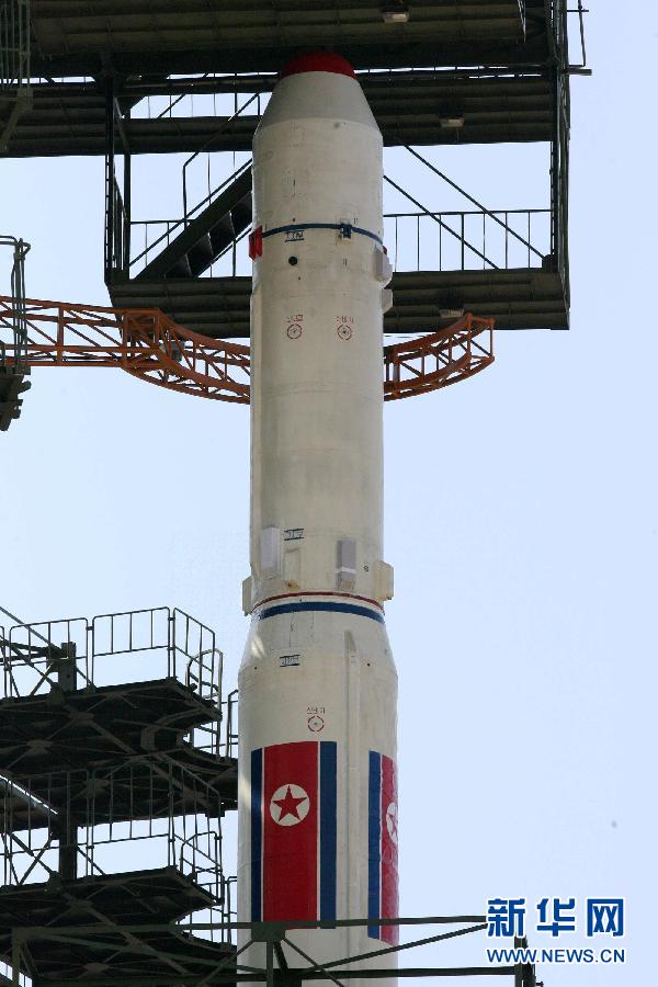 DPRK launches its long-range rocket on Dec 12, 2012. The photo of the Unha-3 satellite launch vehicle at the west coast launching site was taken on April 4, 2012. (Xinhua/Zhang Li) 