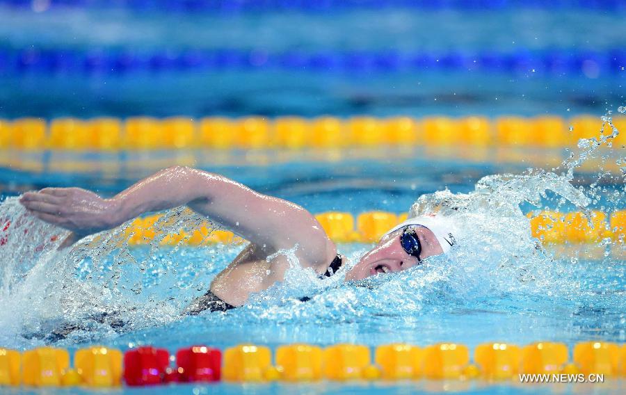 Hannah Miley of Britain competes during the women's 400 individual medley at the 11th FINA World Swimming Championships in Istanbul, Turkey, on Dec. 12, 2012. Hannah Miley won the gold with 4 minutes and 23.14 seconds. (Xinhua/Ma Yan)