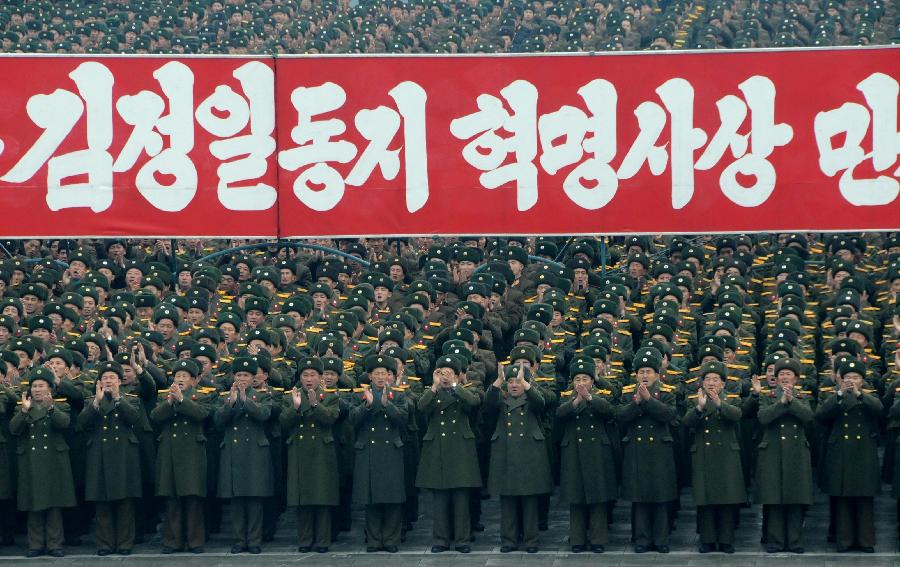 Military officers and soldiers attend a celebration for the successful launch of the Kwangmyongsong-3 satellite in Pyongyang, capital of the Democratic People's Republic of Korea (DPRK), on Dec. 14, 2012. According to the DPRK's official media KCNA, a Unha-3 rocket carrying the second version of the Kwangmyongsong-3 satellite blasted off from the Sohae Space Center in Cholsan County, North Phyongan Province, on Dec. 12. (Xinhua/Du Baiyu) 
