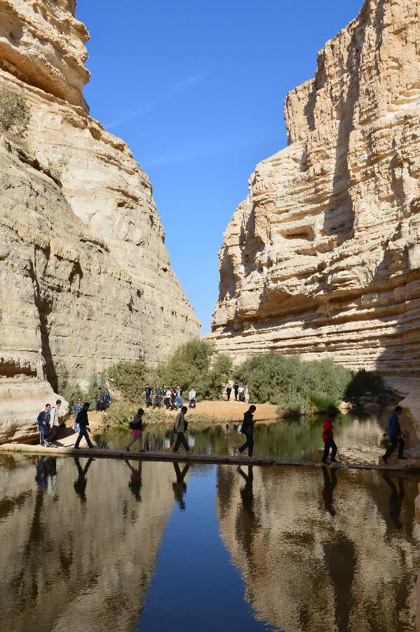 Chinese and Israeli youngsters visit Ein Avdat nature park in South Israel, on Dec. 14, 2012. More than 80 Chinese overseas students in Israel and about 30 of their local friends visited on Friday the Negev Desert in South Israel, with the sponsorship of the Council of Promotion of Israel-China relations. (Xinhua/Yin Dongxun) 