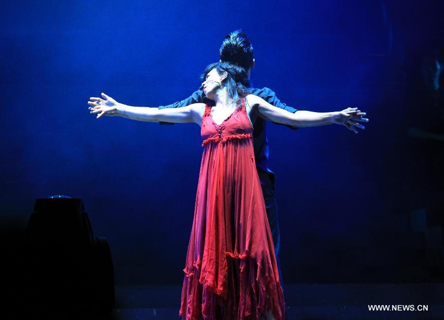 Singer Sandy Lam performs during her concert in Hangzhou, capital of east China's Zhejiang Province, Dec. 15, 2012. (Xinhua/Wu Huang)  