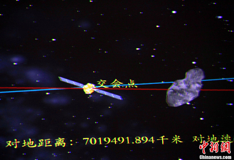 China's space probe Chang'e-2 has successfully conducted a maneuver in which it flew by the asteroid Toutatis, about seven million km away from the Earth. (Photo/Chinanews.com)