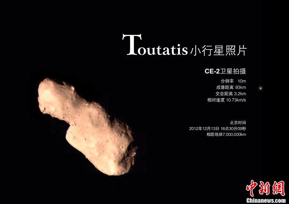 China's space probe Chang'e-2 has successfully conducted a maneuver in which it flew by the asteroid Toutatis, about seven million km away from the Earth. (Photo/Chinanews.com)