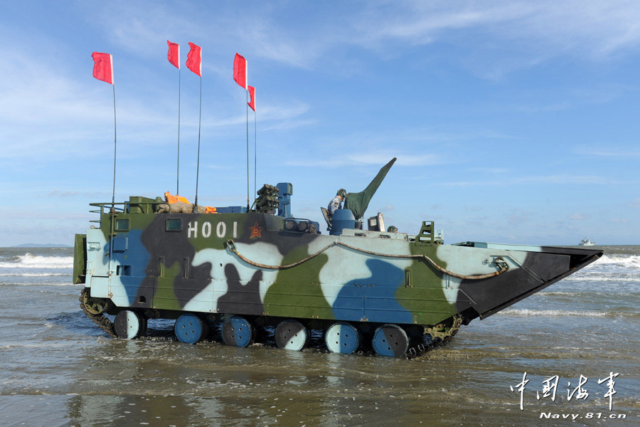 A Marine Corps brigade under the Navy of the People's Liberation Army (PLA) conducted an amphibious armored training, in a bid to enhance troop's amphibious combat capability. (China Military Online/Li Tang)