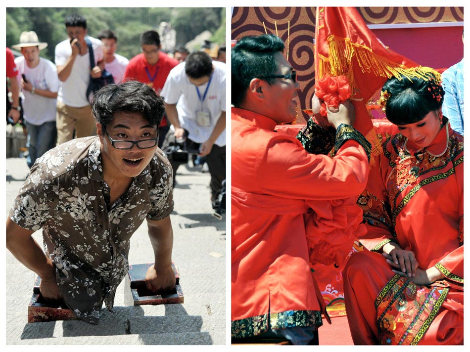 A combined photo shows the legless man Chen Zhou holds a 10-year-late wedding with his wife Yu Lei after ascending Songshan Mountain by arms, Aug. 23, 2012. (Xinhua/Zhu Zheng)