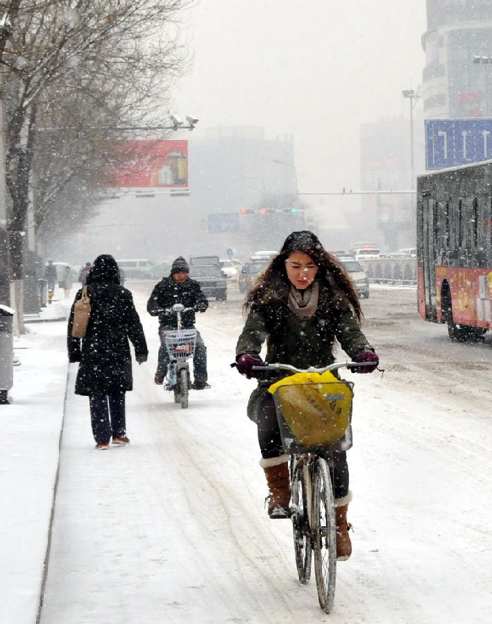 Citizens commute amid snow at a street in Hohhot, capital of north China's Inner Mongolia Autonomous Region, Dec. 20, 2012. A heavy snow hit Inner Mongolia on Thursday, bringing a big temperature drop and winds to the region.(Xinhua/Liu Yide) 