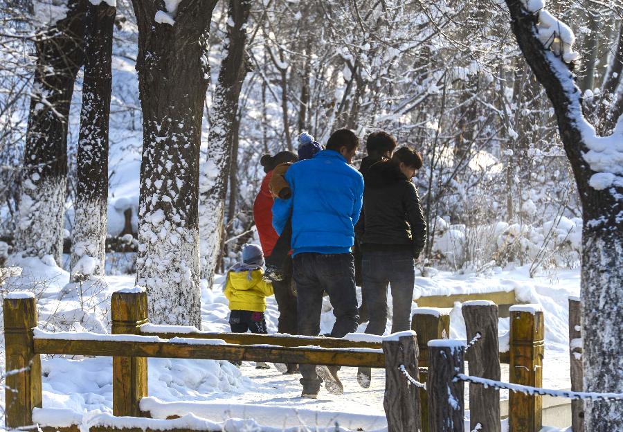 Citizens enjoy snow scenes at a park in Urumqi, capital of northwest China's Xinjiang Uygur Autonomous Region, Dec. 20, 2012. Affected by the strong cold wave from Siberia, Xinjiang experienced a slump in temperature and underwent a new round of snowfall recently. (Xinhua/Wang Fei) 