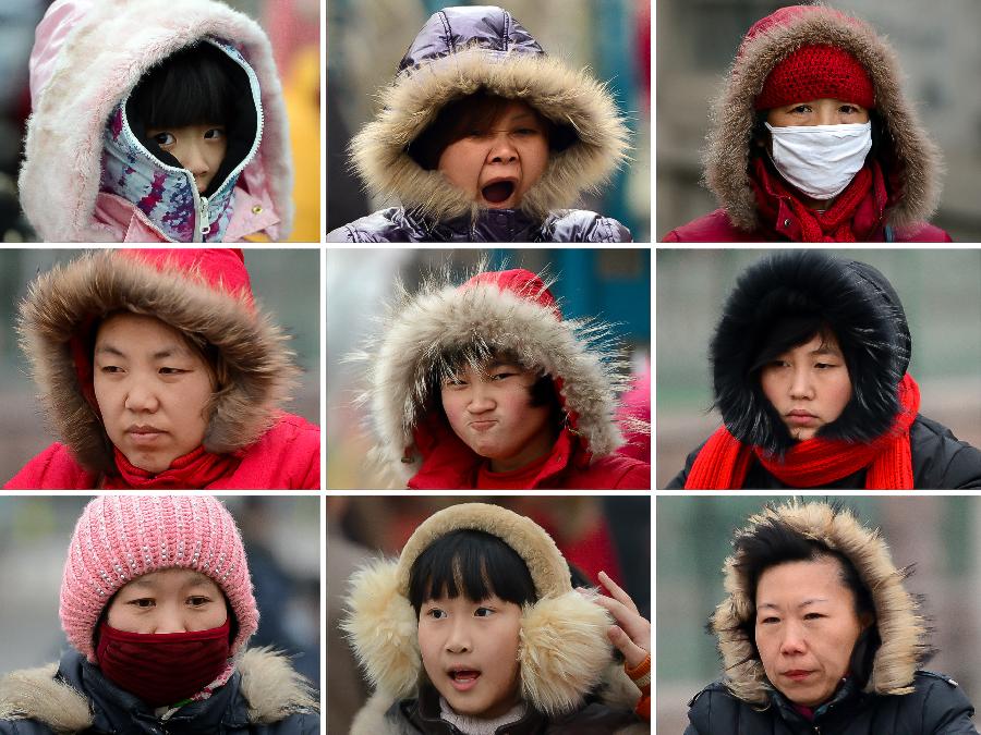 Combined photo taken on Dec. 20, 2012 shows citizens wrapped up in winter dresses travel on the road in Jinan, capital of east China's Shandong Province. The local meterological authority issued a blue warning against cold on Thursday. The lowest temperature will drop to -15 degrees centigrade starting Dec. 21. (Xinhua/Guo Xulei) 