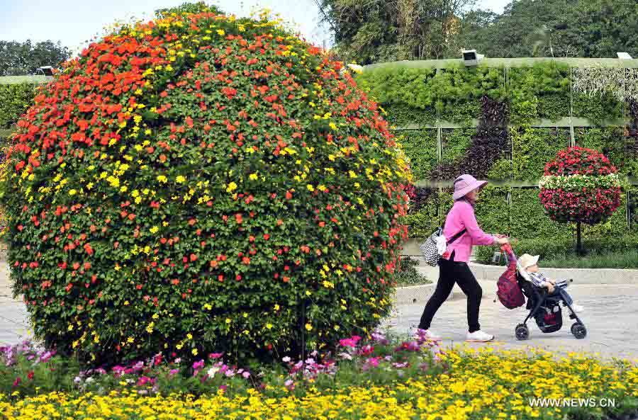 A visitor views the gardening works with her kid at Taipei International Flower Exhibition 2012 in Taipei, southeast China's Taiwan, Dec. 20, 2012. The flower exhibition will formally kick off in Tapei on Dec. 22. (Xinhua/Wu Ching-teng) 